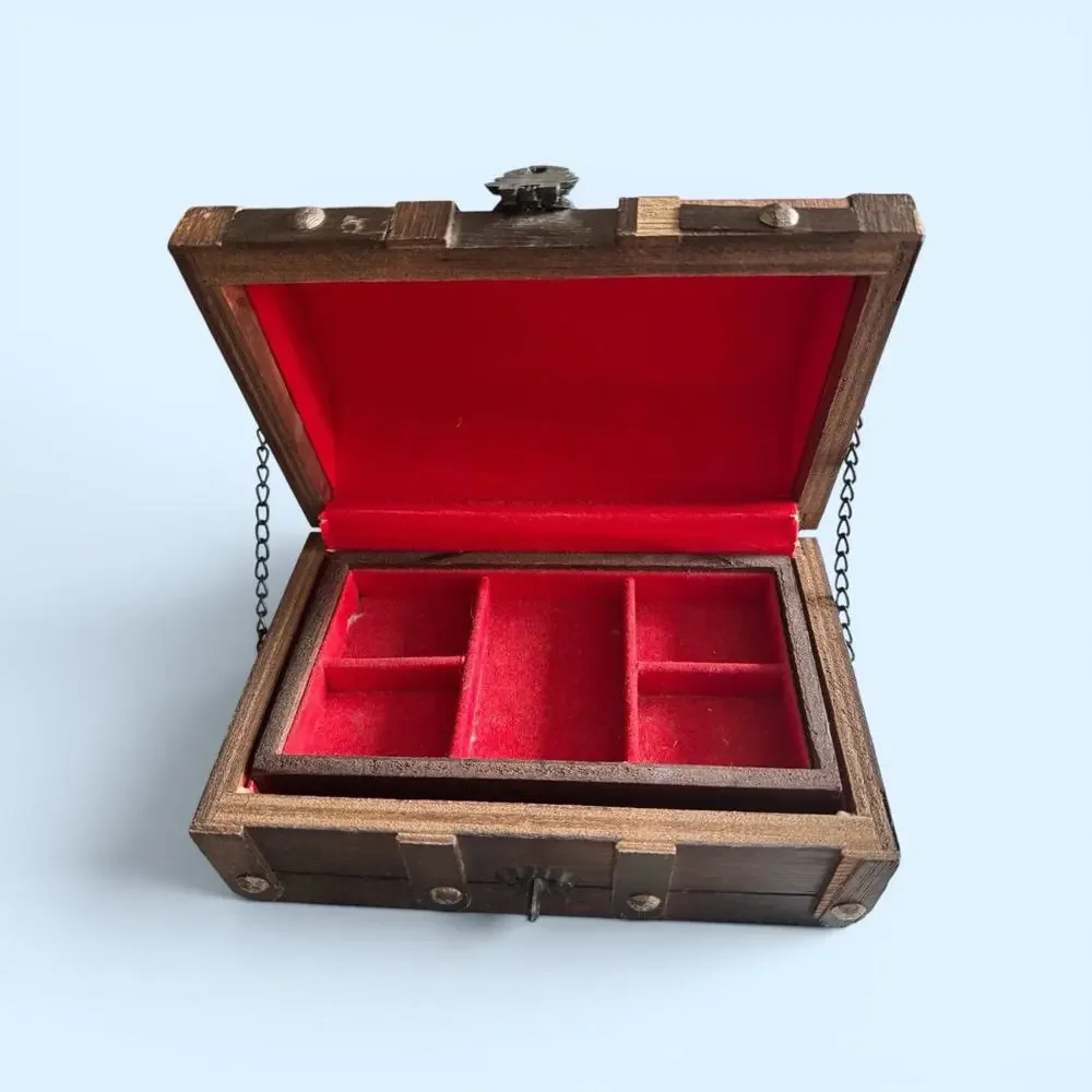 Wooden Pirate Style Jewelry Box Velvet Lined Removable Tray Decorative Lock